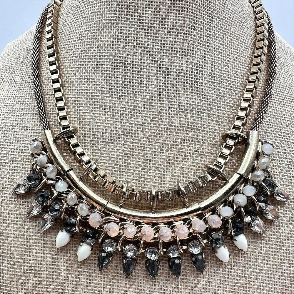 Vintage 90s Express Gold Tone Rhinestone Bib Necklace Statement‎ Fashion Jewelry